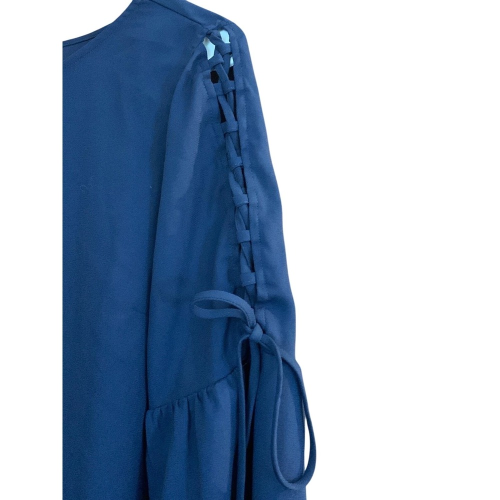 Time and Tru‎ Navy Blue Bell Sleeve Lace-Up Blouse Tunic Top Large - Picture 3 of 3